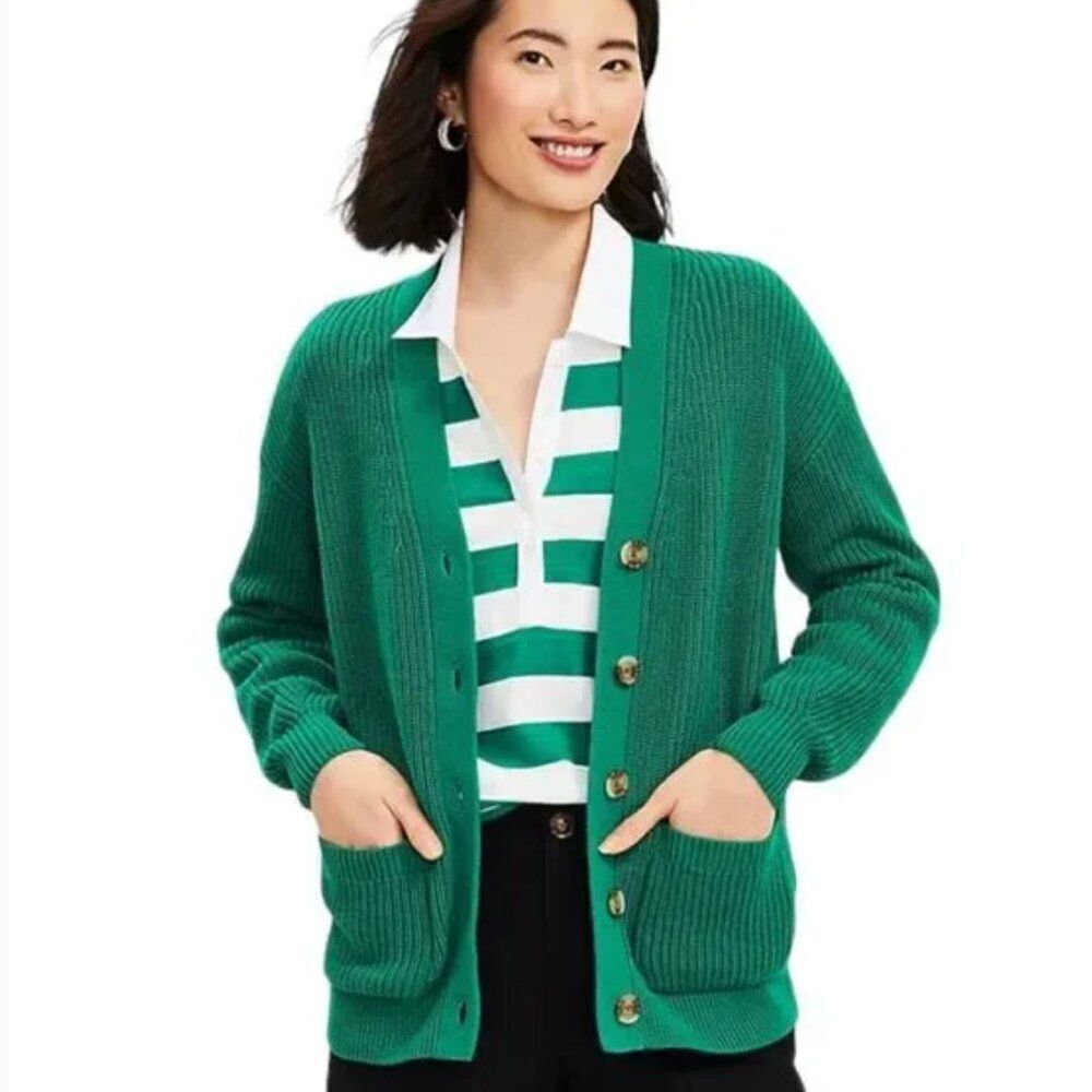 Loft Boyfriend Cardigan V Neck Knit Kelly Green Size XS oversized